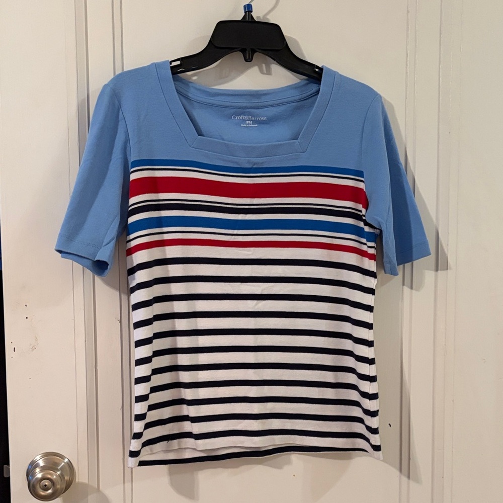 croft & barrow Light Blue Short Sleeve Striped Knit Top